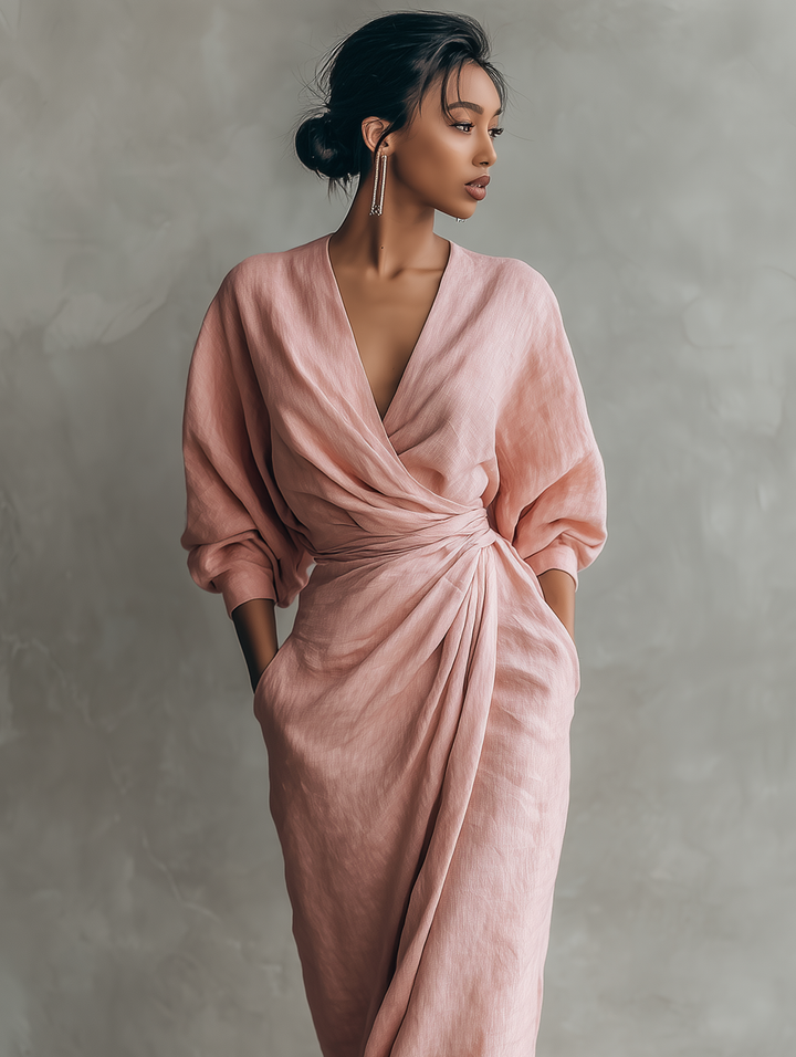 Women's wrap maxi dress with v-neck and three-quarter sleeves in pink