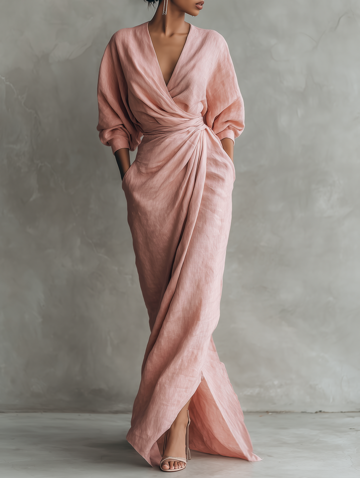 Women's wrap maxi dress with v-neck and three-quarter sleeves in pink