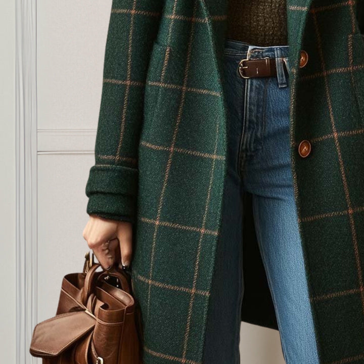 Women's long checked coat with notch lapel and side pockets