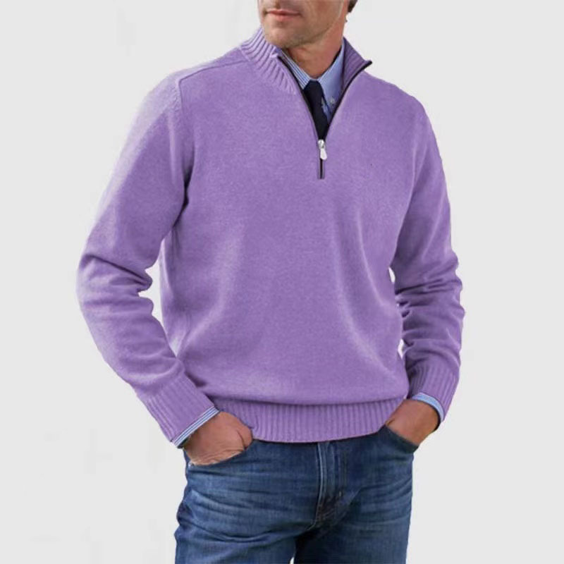 Men's long-sleeve half-zip mock neck sweater with ribbed trims