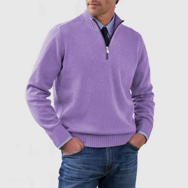 Men's long-sleeve half-zip mock neck sweater with ribbed trims