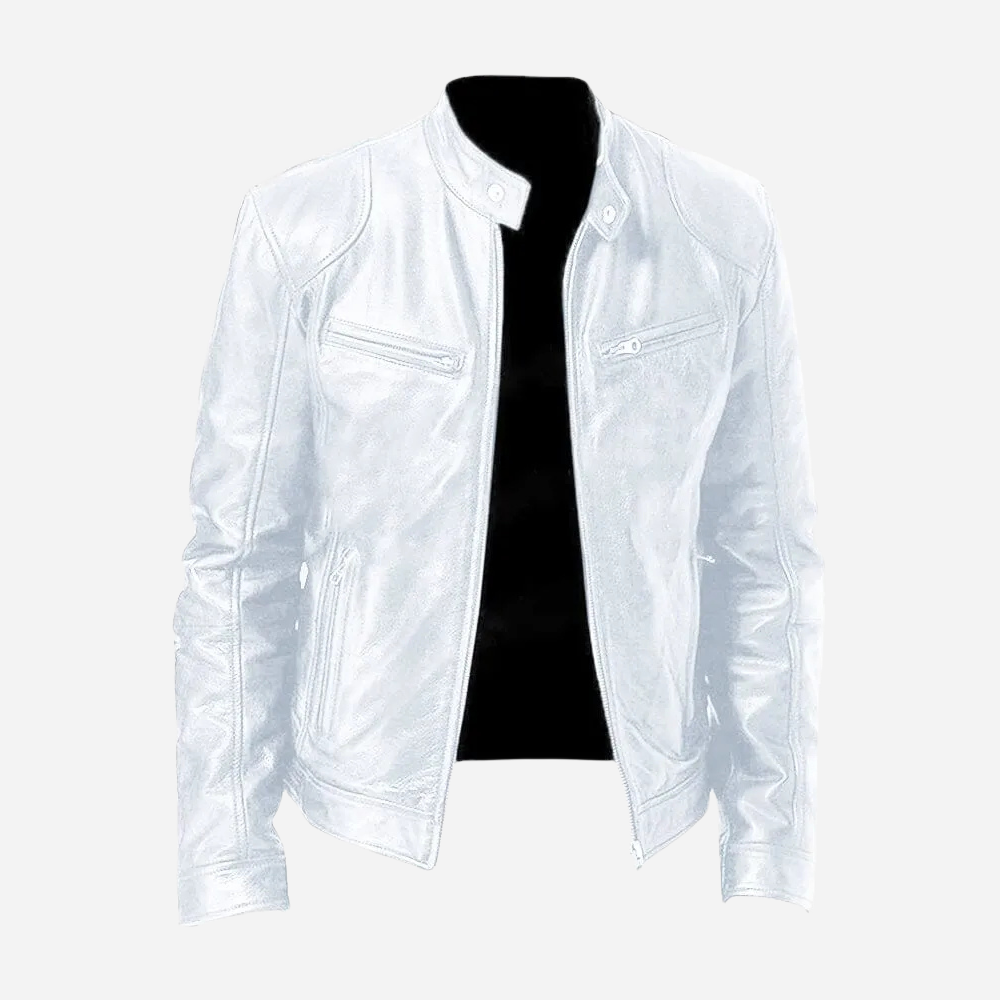 Men's solid biker jacket with stand collar and zipped pockets