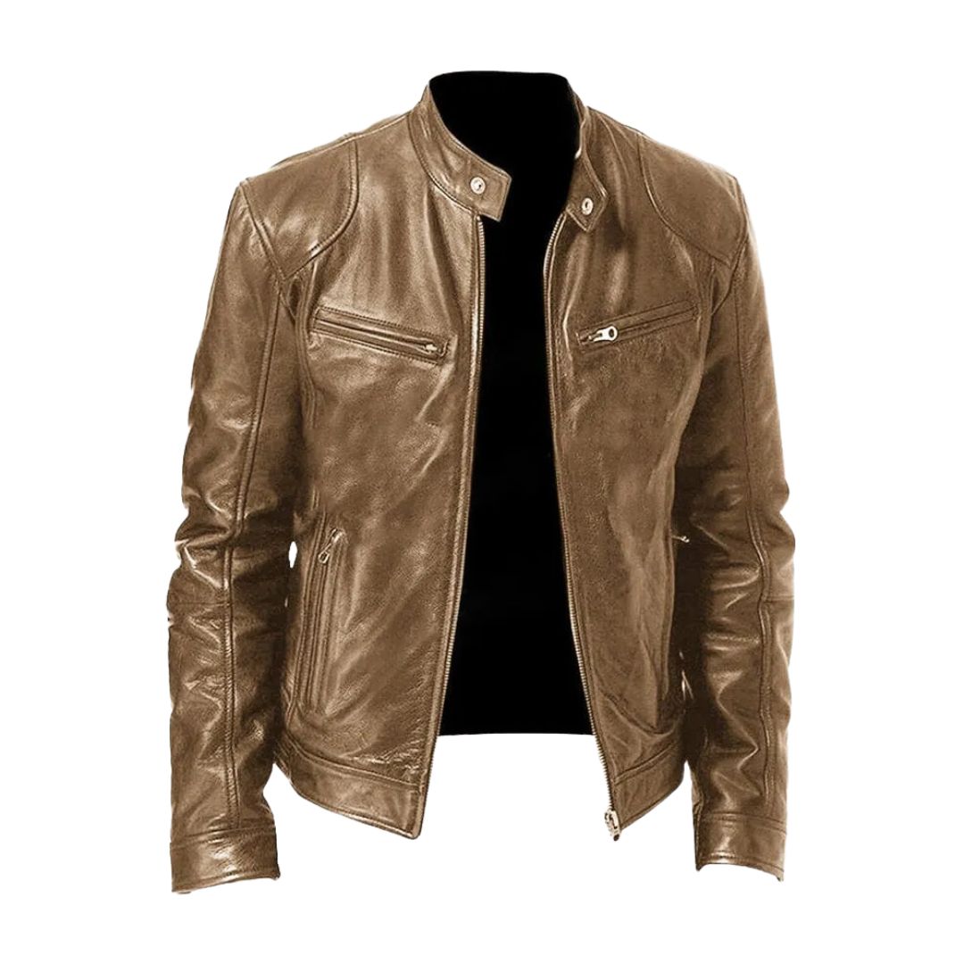 Unisex zip-front biker jacket with stand collar and multiple zipped pockets