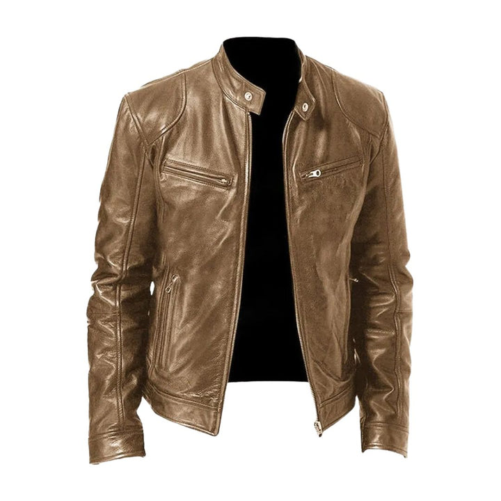 Unisex zip-front biker jacket with stand collar and multiple zipped pockets