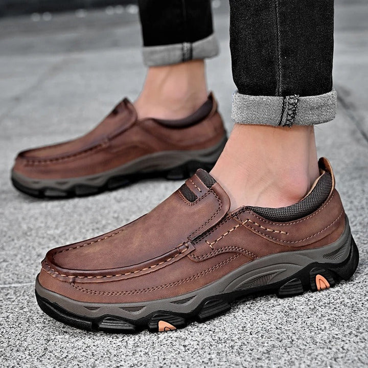 Unisex brown moc toe loafers with chunky soles