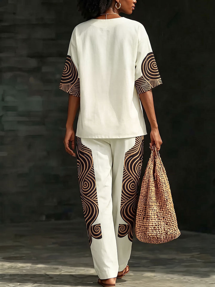 Women's cream wide-leg trousers with geometric contrast panels