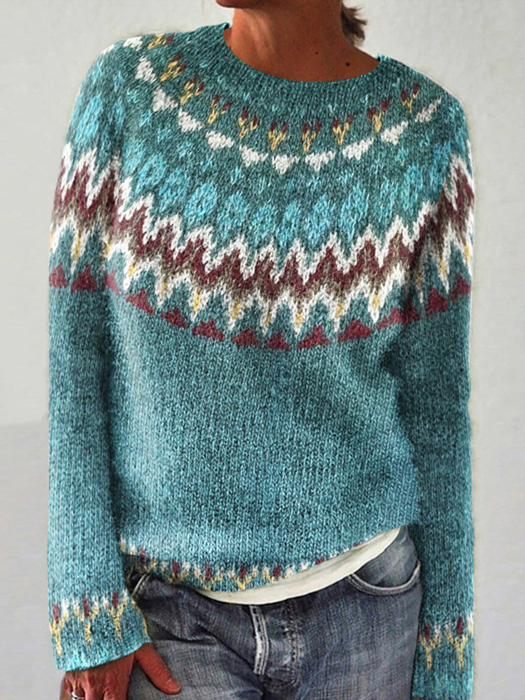 Women's teal Fair Isle geometric jumper with crew neck and long sleeves