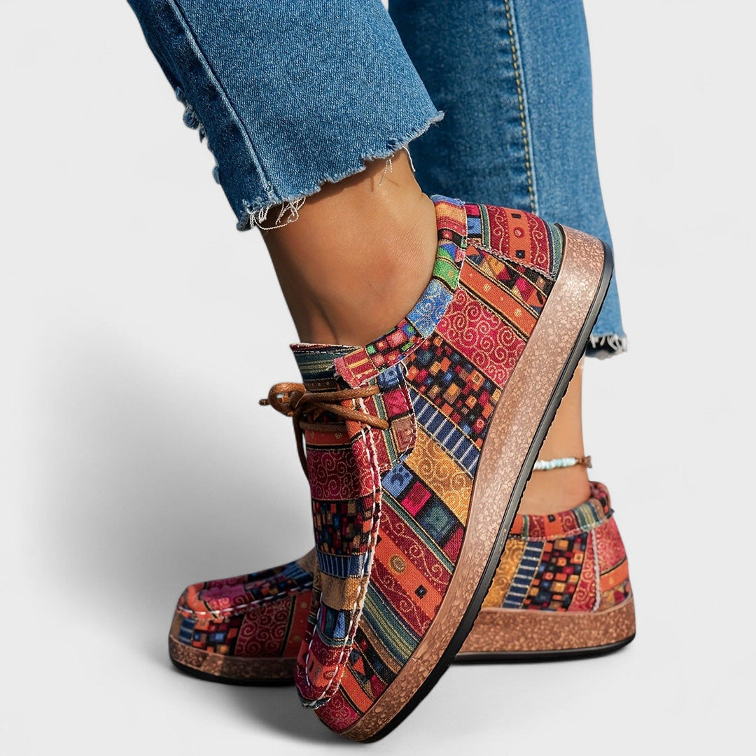 Printed Canvas Lace-Up Sneakers for Women, Flatform Sole