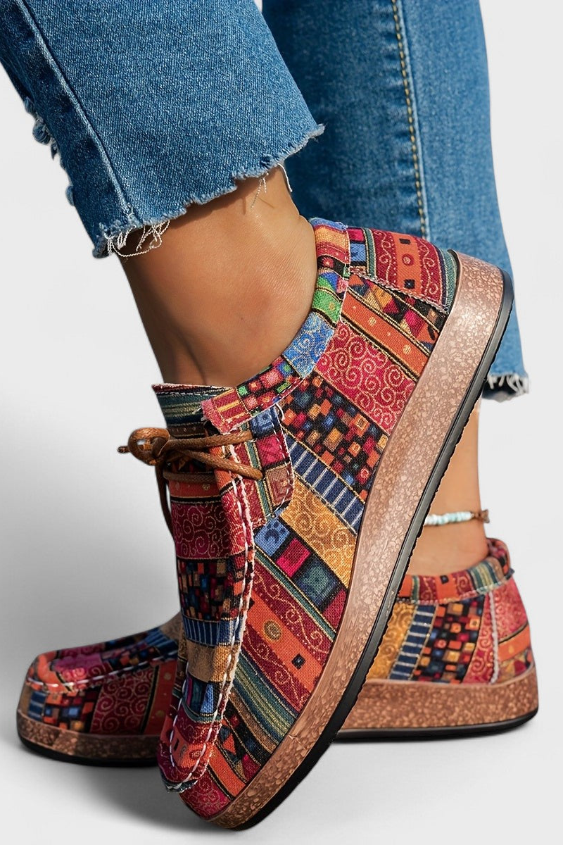 Printed Canvas Lace-Up Sneakers for Women, Flatform Sole