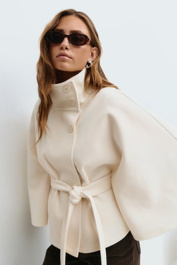 Women's belted cape coat with high collar and button front