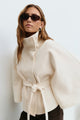 Women's belted cape coat with high collar and button front