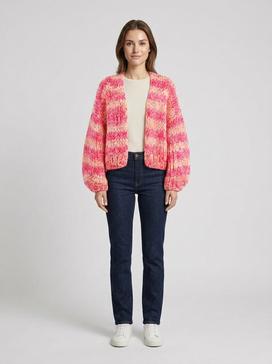Women's pink and cream striped textured knit cardigan