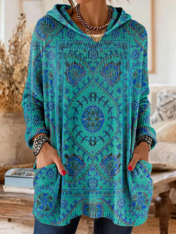 Women's multicolour ethnic print hooded knit tunic