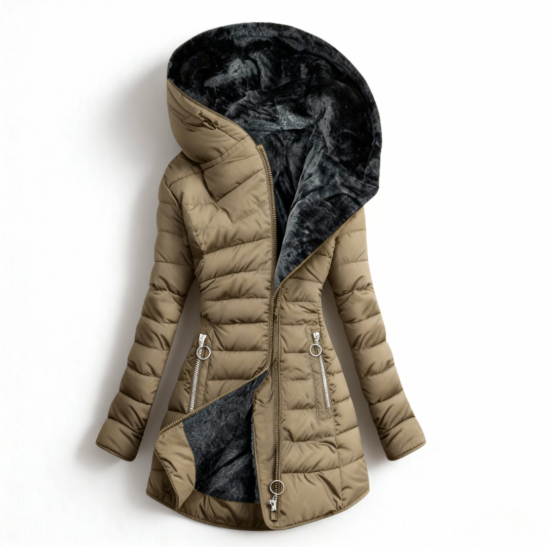 Women's hooded quilted coat with plush-textured lining and zip pockets