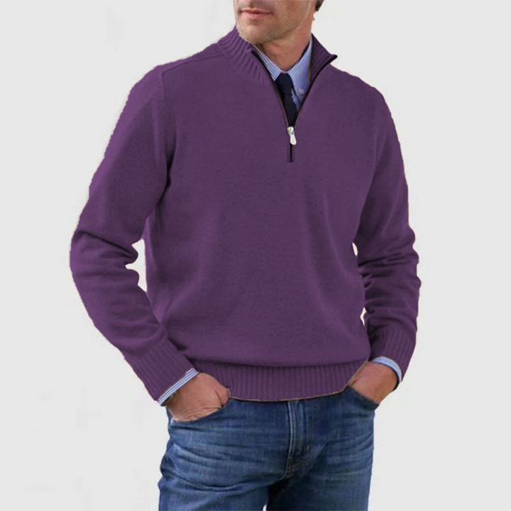 Men's long-sleeve half-zip mock neck sweater with ribbed trims