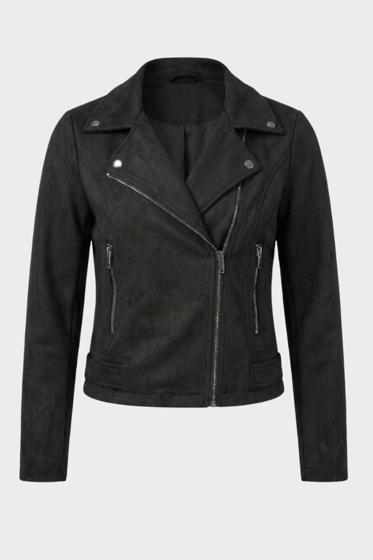 Women's cropped biker jacket with notched lapels and front zippers
