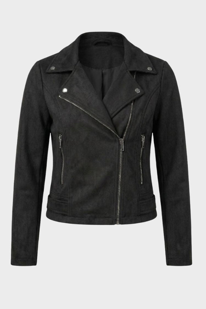 Women's cropped biker jacket with notched lapels and front zippers