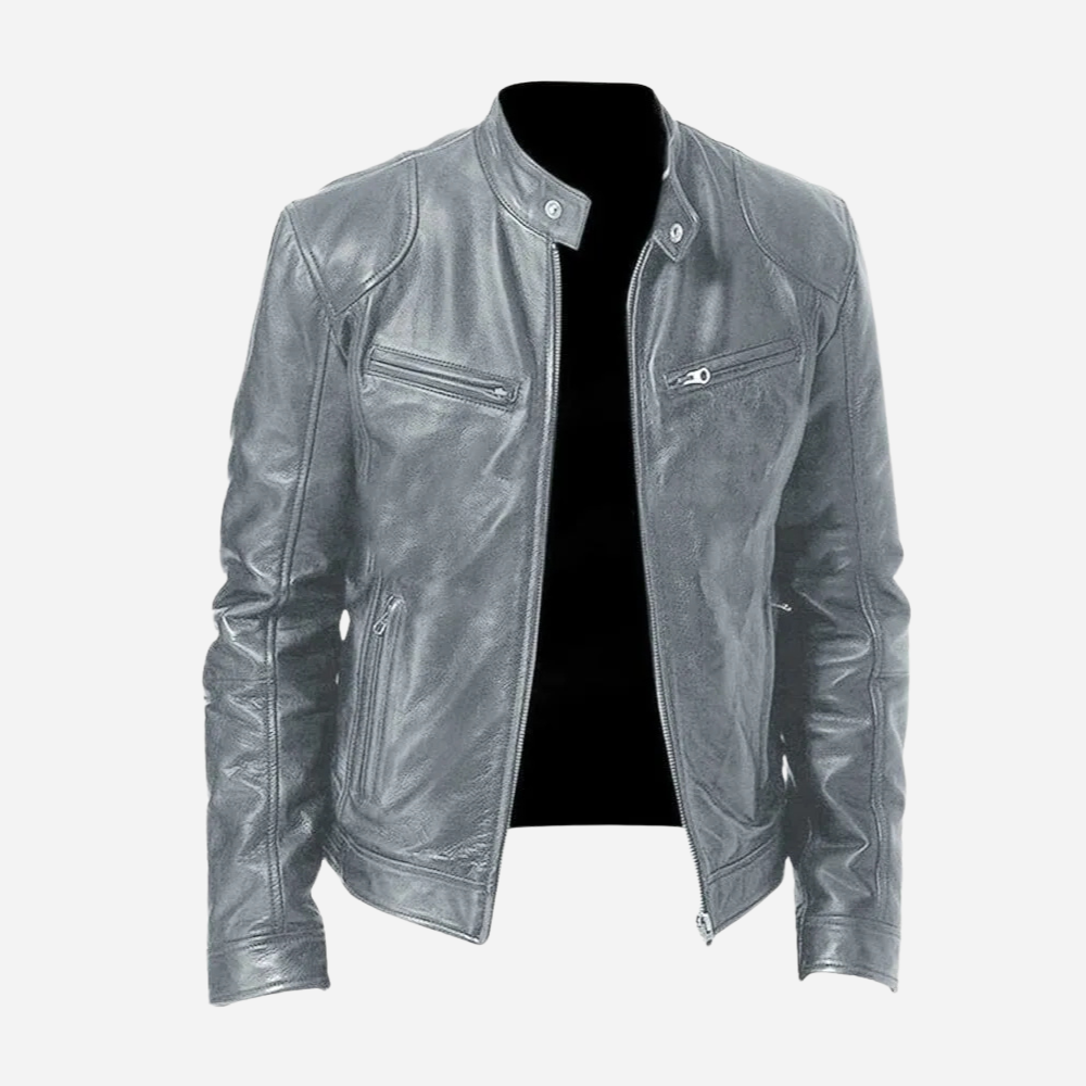 Men's solid biker jacket with stand collar and zipped pockets