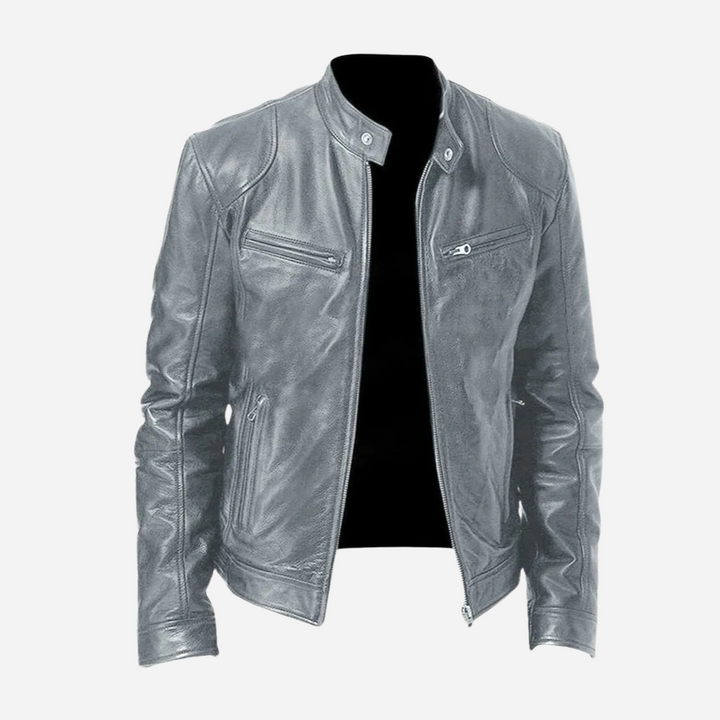 Men's solid biker jacket with stand collar and zipped pockets