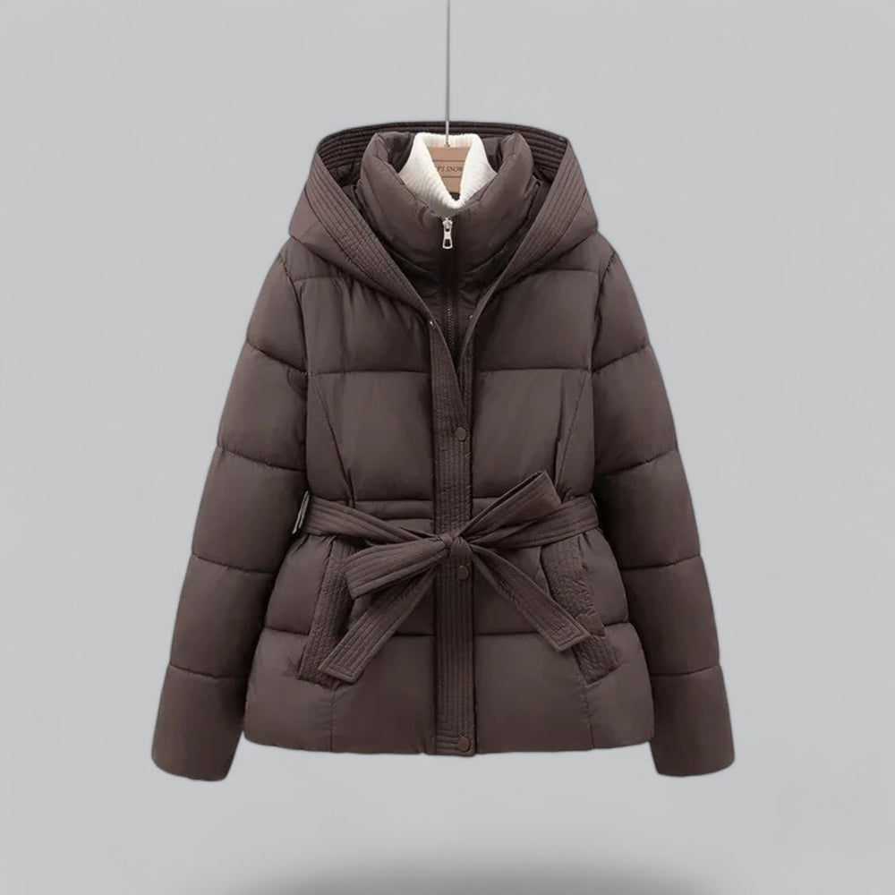 Women's belted quilted hooded parka jacket