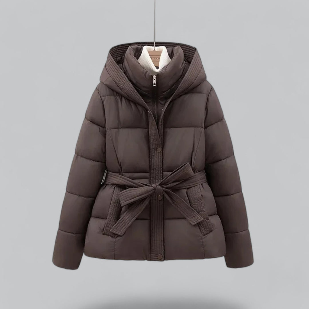 Women's belted quilted hooded parka jacket