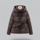 Women's belted quilted hooded parka jacket