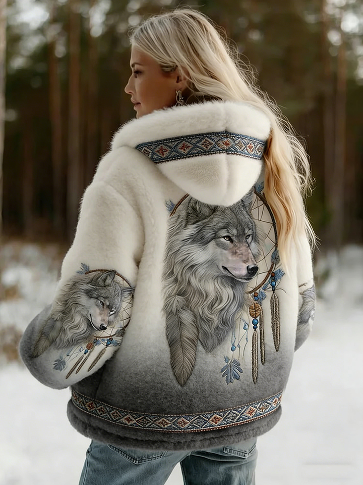 Women's hooded jacket with wolf artwork and patterned trim