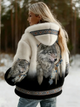 Women's hooded jacket with wolf artwork and patterned trim