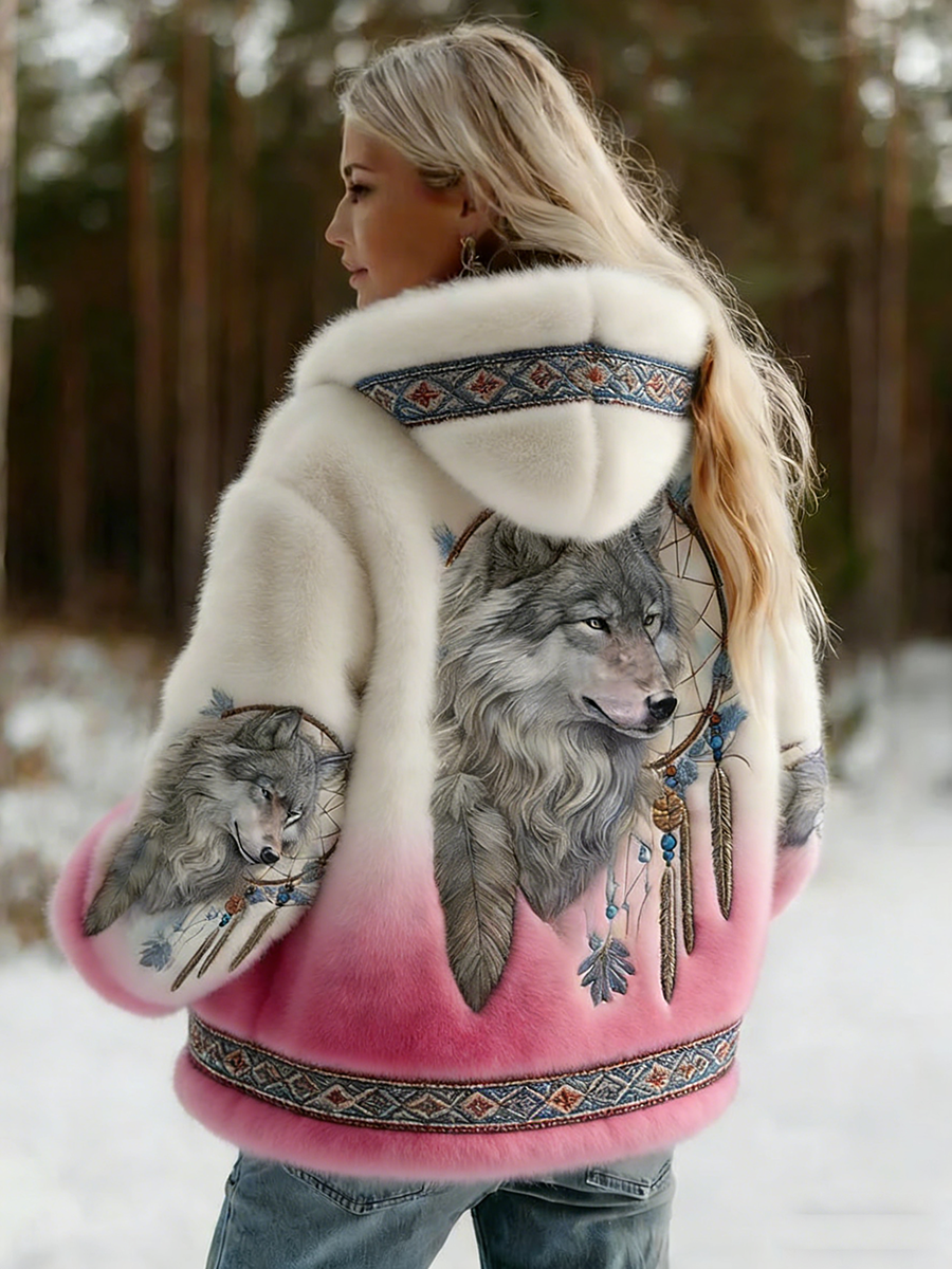 Women's hooded jacket with wolf artwork and patterned trim