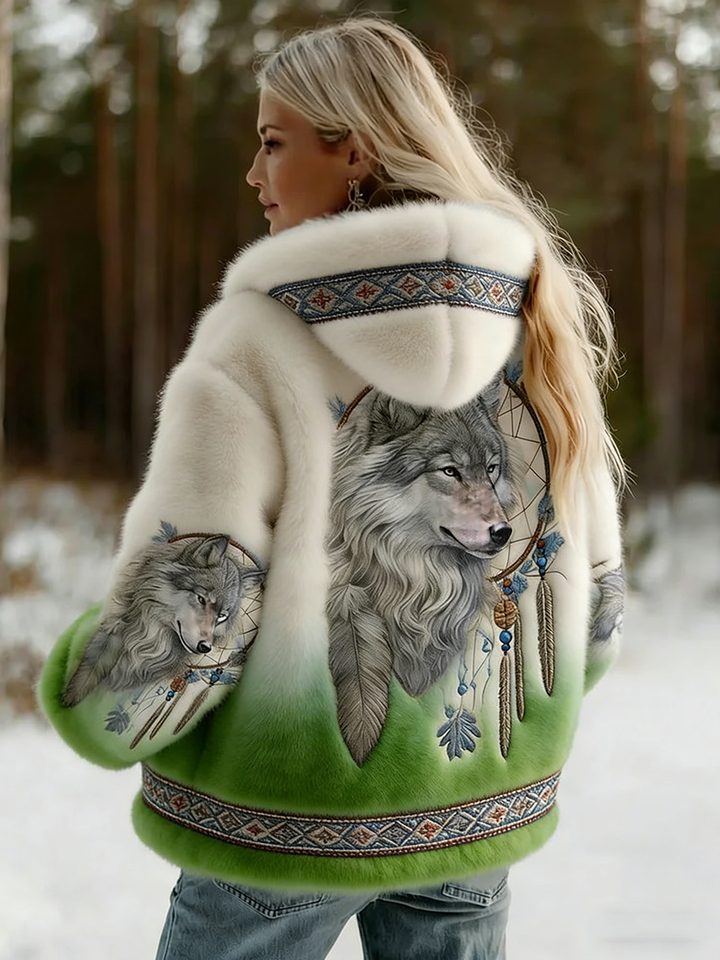 Women's hooded jacket with wolf artwork and patterned trim