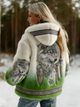 Women's hooded jacket with wolf artwork and patterned trim