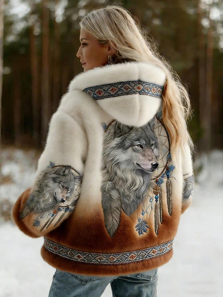 Women's hooded jacket with wolf artwork and patterned trim