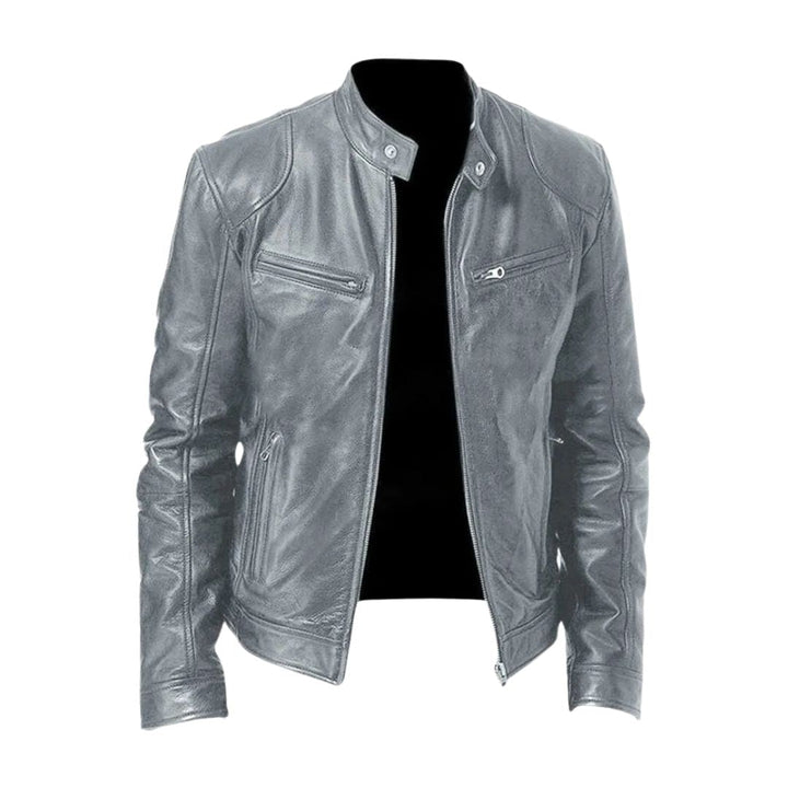 Unisex zip-front biker jacket with stand collar and multiple zipped pockets