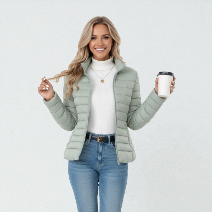 Women's quilted padded jacket with high collar and zip front