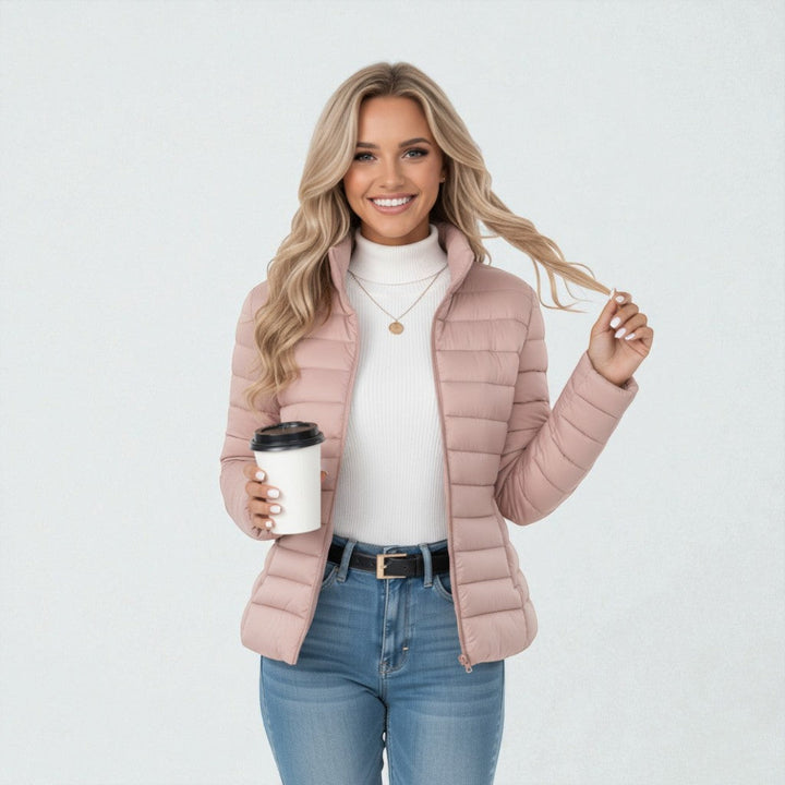 Women's quilted padded jacket with high collar and zip front