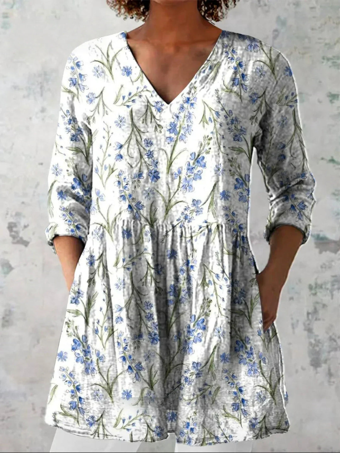 Women's Floral Print V-Neck Tunic Blouse with Pockets