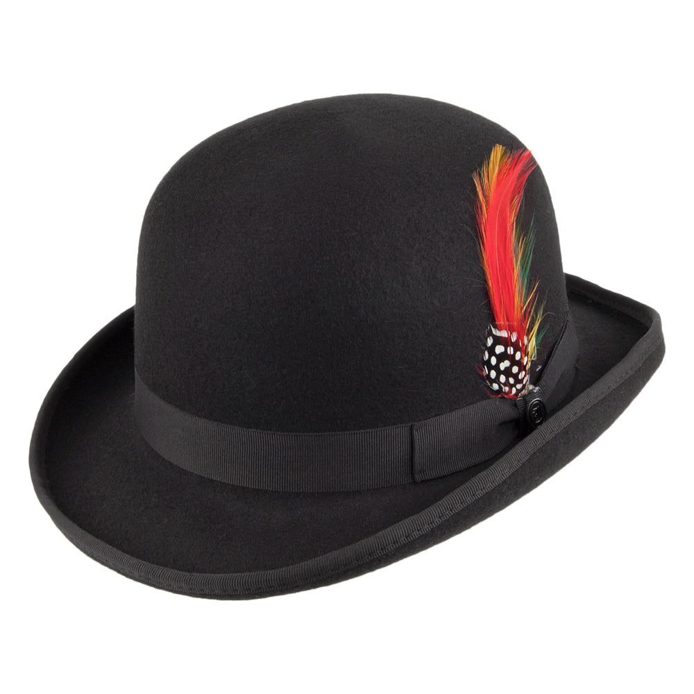 Black bowler hat with curved brim, grosgrain band and feather detail