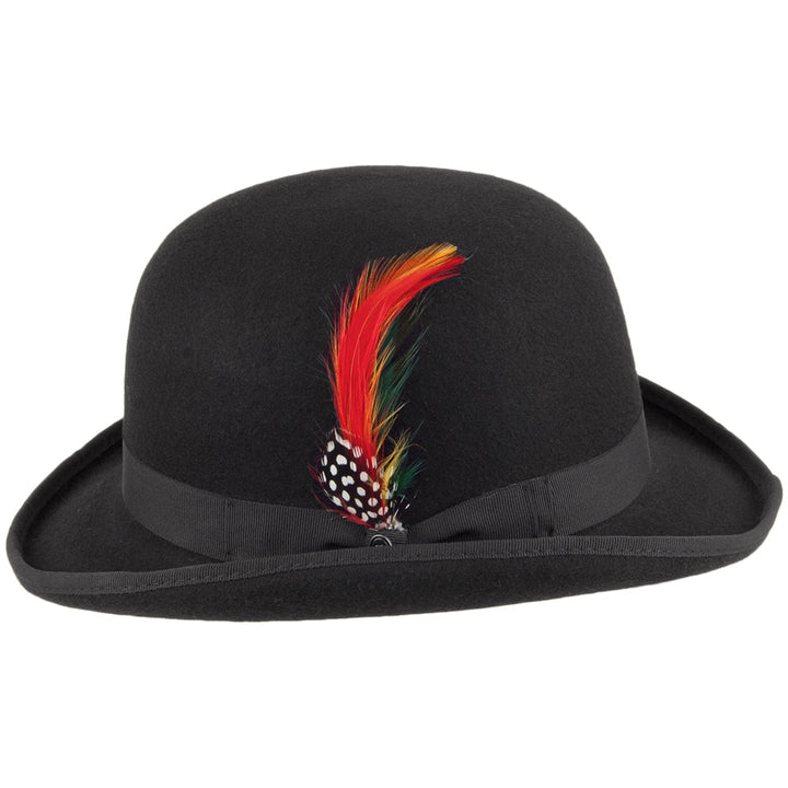 Black bowler hat with curved brim, grosgrain band and feather detail