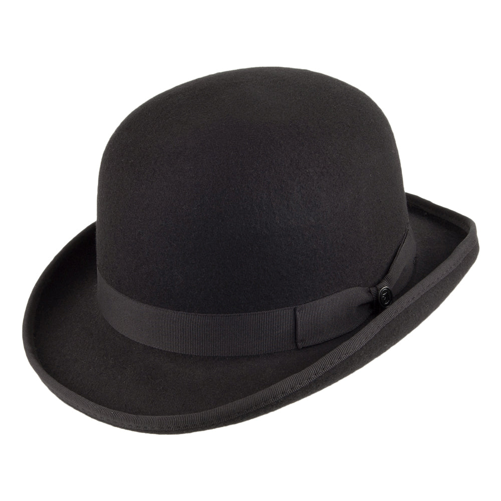 Black bowler hat with curved brim, grosgrain band and feather detail