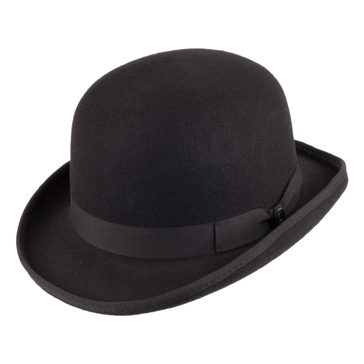 Black bowler hat with curved brim, grosgrain band and feather detail