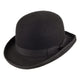 Black bowler hat with curved brim, grosgrain band and feather detail