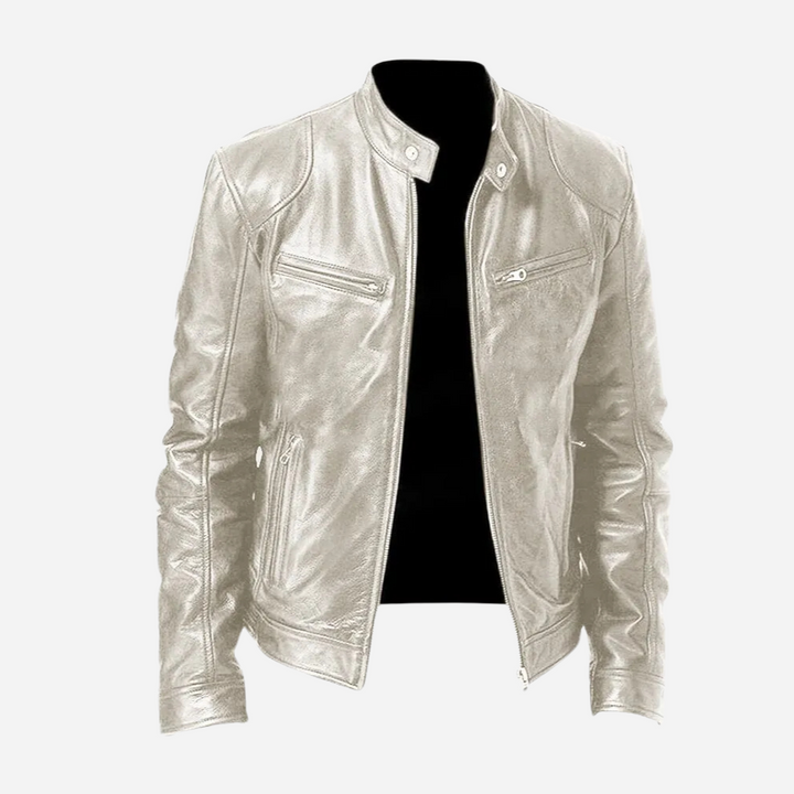 Men's solid biker jacket with stand collar and zipped pockets