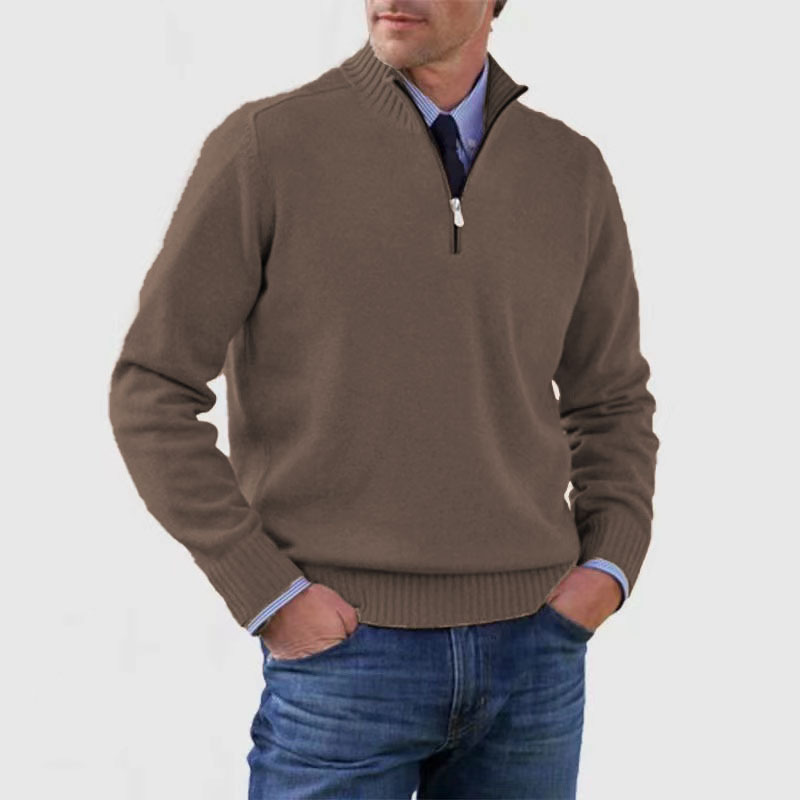 Men's long-sleeve half-zip mock neck sweater with ribbed trims
