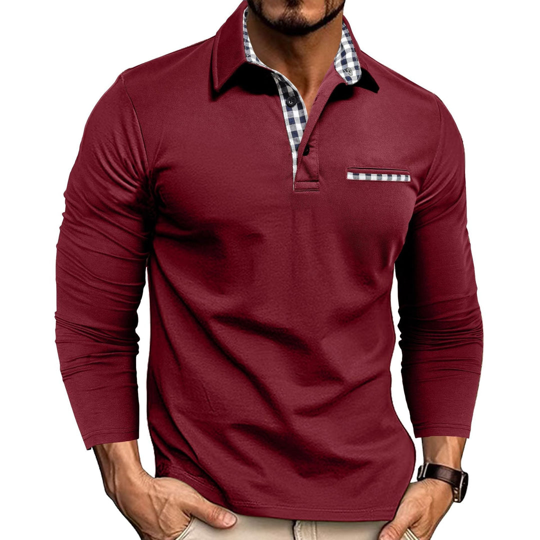 Long sleeve polo shirt with checked contrast collar and chest trim