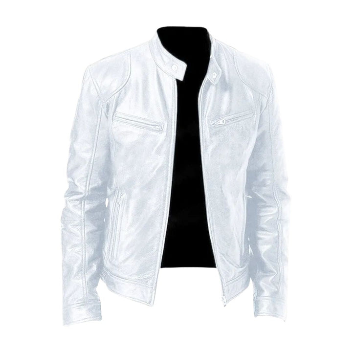 Unisex zip-front biker jacket with stand collar and multiple zipped pockets