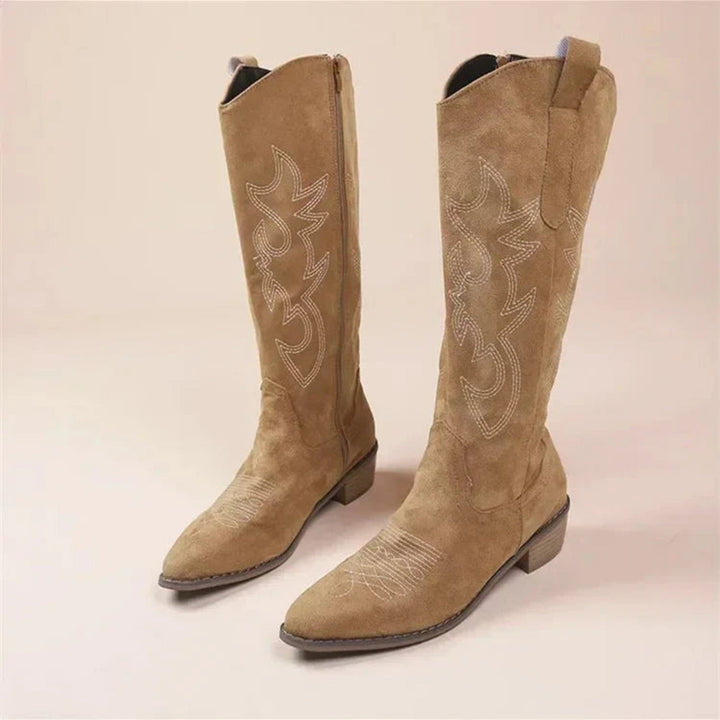Women's tall cowboy boots with pointed toes, embroidered panels and low block heels