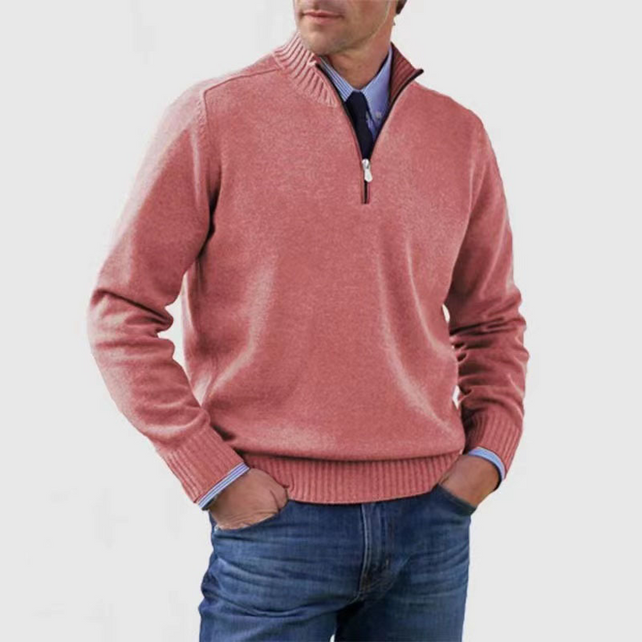 Men's long-sleeve half-zip mock neck sweater with ribbed trims