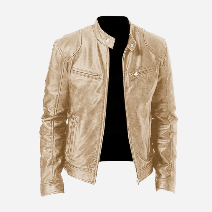 Men's solid biker jacket with stand collar and zipped pockets