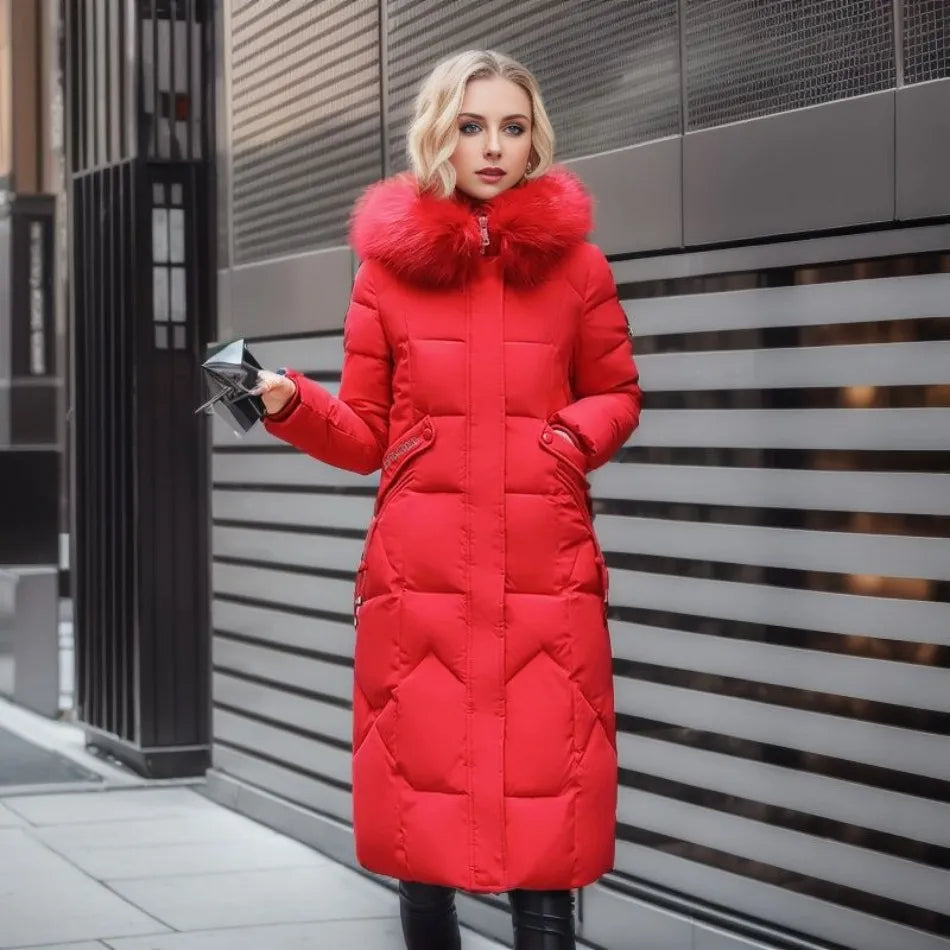 Women's long padded hooded coat with faux fur trim