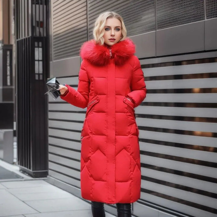 Women's long padded hooded coat with faux fur trim